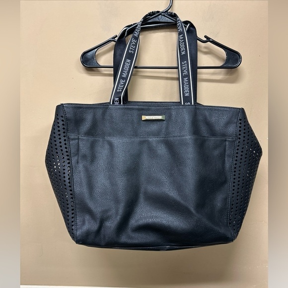 Steve Madden Carry All Tote Bag Black Gold hardware Spellout Handles Perforated - Picture 1 of 7